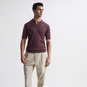 Reiss Duchie Merino Wool Open Collar Polo Shirt - Mahagony